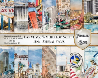 Watercolor Las Vegas junk journal - digital download - Las Vegas scenes for scrapbooking and decoupage