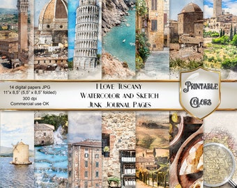 Watercolor trip to Tuscany Italy junk journal - digital download - Tuscan scenes for scrapbooking and decoupage