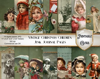 Digital vintage Christmas children junk journal - digital download - Xmas scenes with children's paintings for scrapbooking and decoupage