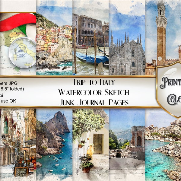 Watercolor trip to Italy junk journal - digital download - Italy scenes for scrapbooking and decoupage