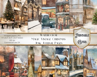 Watercolor vintage Christmas junk journal - digital download - Xmas scenes for scrapbooking and decoupage