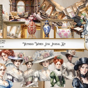 Clipart donne vittoriane ad acquerello, digital download, immagini vintage con sfondo trasparente di cornici, oggetti e donne per scrapbook