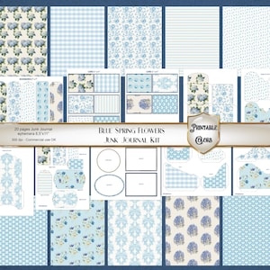 Junk Journal Kit fiori Primavera blu - digital download - pagine, cards, tags, cornici e buste per scrapbooking e decoupage