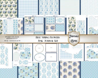 Junk Journal Kit Blue Spring Flowers - digital download - pages, cards, tags, frames and envelopes for scrapbooking and decoupage