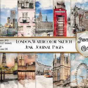 Watercolor London junk journal - digital download - London scenes for scrapbooking and decoupage