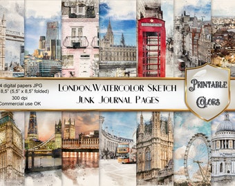 Watercolor London junk journal - digital download - London scenes for scrapbooking and decoupage