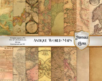 Ancient geographical maps, 16 digital figures of old maps for scrapbook, decoupage, invitation, weddings. Vintage maps. Commercial use OK