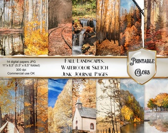 Watercolor Fall junk journal - digital download - autumn scenes for scrapbooking and decoupage
