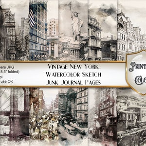 Watercolor vintage New York junk journal - digital download - Old NYC scenes for scrapbooking and decoupage