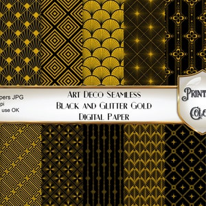 Seamless Art Deco carta digitale, sfondi stampabili oro glitter e nero per scrapbooking e decoupage