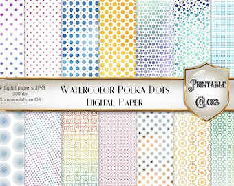 Watercolor Polka Dots digital paper for scrapbooking and decoupage, printable pois papers