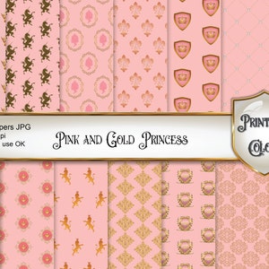 Pink and gold Princess digital paper for scrapbooking and decoupage, crowns backgrounds