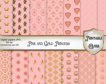 Pink and gold Princess digital paper for scrapbooking and decoupage, crowns backgrounds