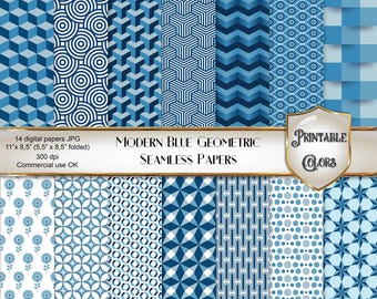 Modern Blue Geometric Patterns - Seamless Digital Papers for Scrapbook and Decoupage, Printable Geometry