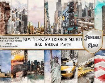 Watercolor New York junk journal - digital download - NYC scenes for scrapbooking and decoupage