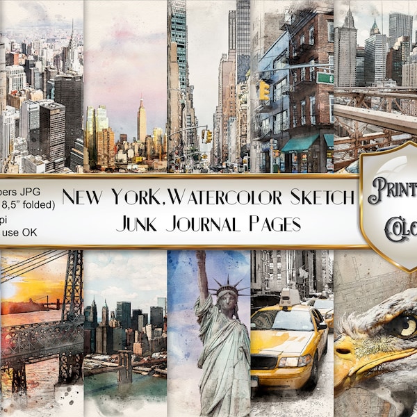 Digital Junk Journal New York ad acquerello - sfondi per scrapbooking NYC acquerello e sketch