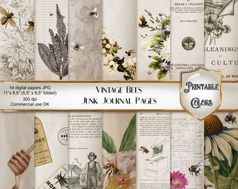 Vintage Junk Journal Bees, old digital illustrations of bees, honey and flowers for scrapbooking and decoupage