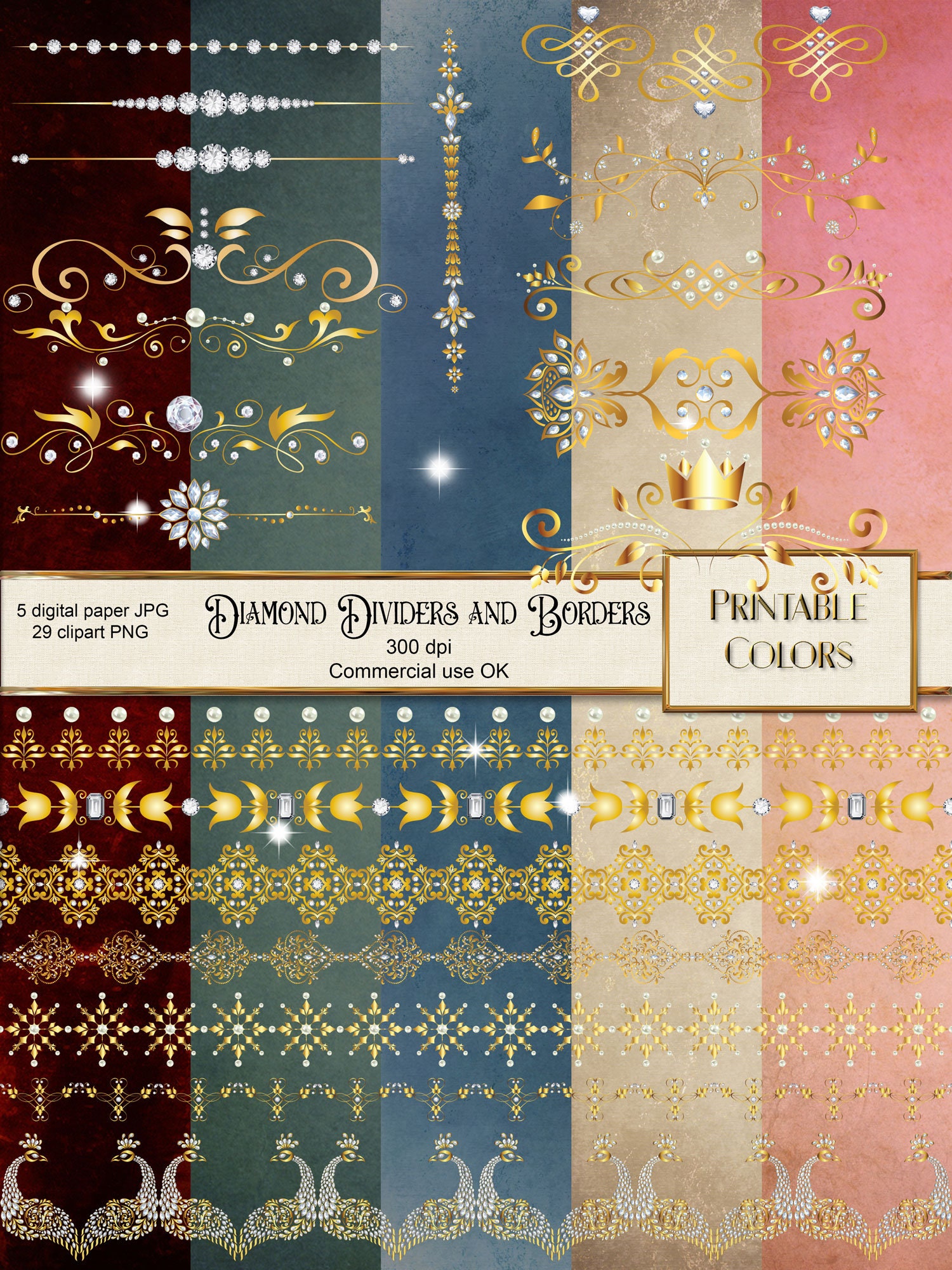 Digital kit diamonds and pearls, border and text dividers, rustic background and clipart for scrapbooking and decoupage