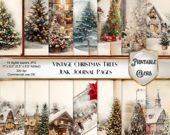 Watercolor vintage Christmas trees junk journal - digital download - Xmas scenes for scrapbooking and decoupage