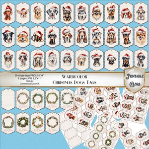 Chiens à Noël étiquettes numériques, étiquettes de chien imprimables avec chapeau de Père Noël pour scrapbooking