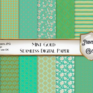 Carta digitale verde menta ed oro, sfondi per scrapbooking e decoupage, seamless pattern