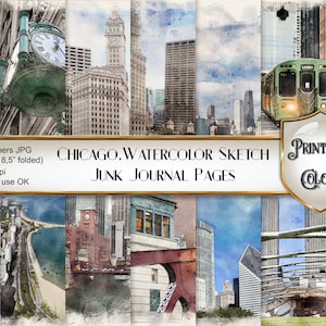 Diário Digital Junk Chicago Aquarela - Fundos para Scrapbooking em Aquarela e Esboço Chicago