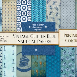 Glitter blue vintage nautical digital papers for scrapbooking e decoupage, CU OK
