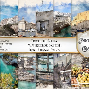 Digital Junk Journal Puglia ad acquerello - sfondi per scrapbooking Puglia, Italia acquerello e sketch