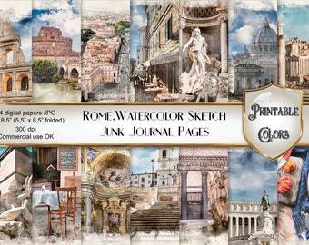 Watercolor Rome junk journal - digital download - Italy, scenes for scrapbooking and decoupage
