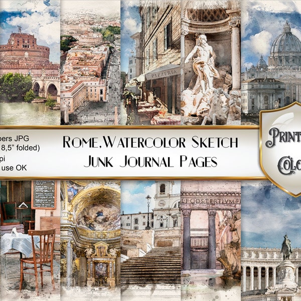 Watercolor Rome junk journal - digital download - Italy, scenes for scrapbooking and decoupage