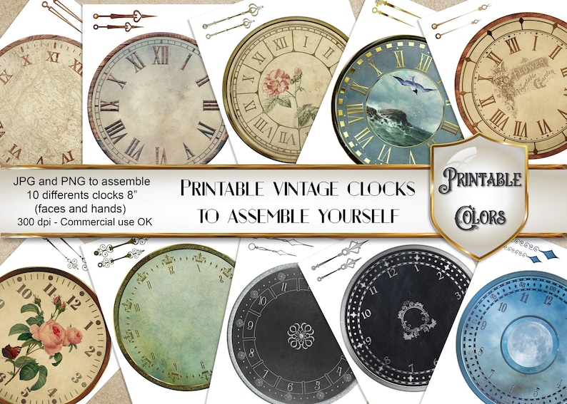 Printable Vintage Clocks, Digital Faces and Hands for Scrapbook ...