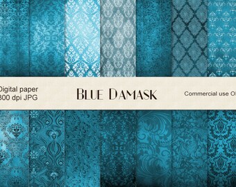 Blue Damask digital paper, vintage damask, antique damask, vintage scrapbook, scrapbooking grunge textures, instant download, background CU