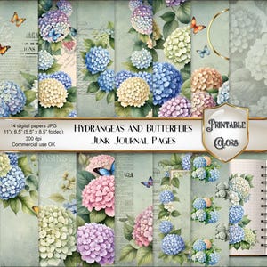 Journal ortensie e farfalle acquerello - digital download - carta floreale vintage - sfondi fiori -  ephemera botanica - decoupage ortensie