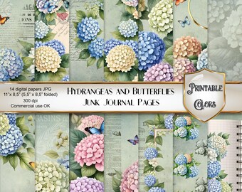 Watercolor hydrangeas and butterflies Junk Journal digital pages - vintage botanical printable floral paper background - hydrangea ephemera
