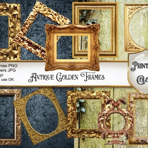 Antique digital frames clipart, digital download, vintage golden frames with transparent background for scrapbooking and decoupage