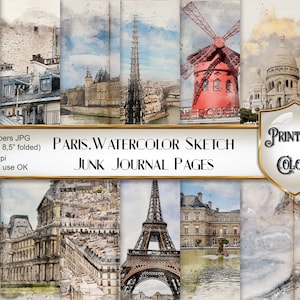 Digital Junk Journal Parigi pagine acquerello e sketch - sfondi per scrapbooking Parigi
