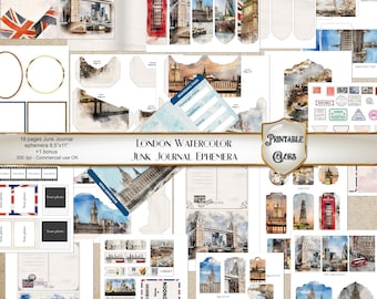 Watercolor London journal ephemera - digital download - London UK ephemera for scrapbooking and decoupage