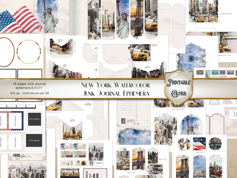 Watercolor New York Journal Ephemera Digital Download NYC Ephemera for