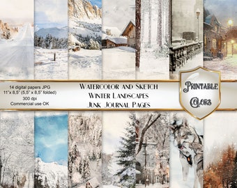 Watercolor Winter junk journal - digital download - winter scenes for scrapbooking and decoupage