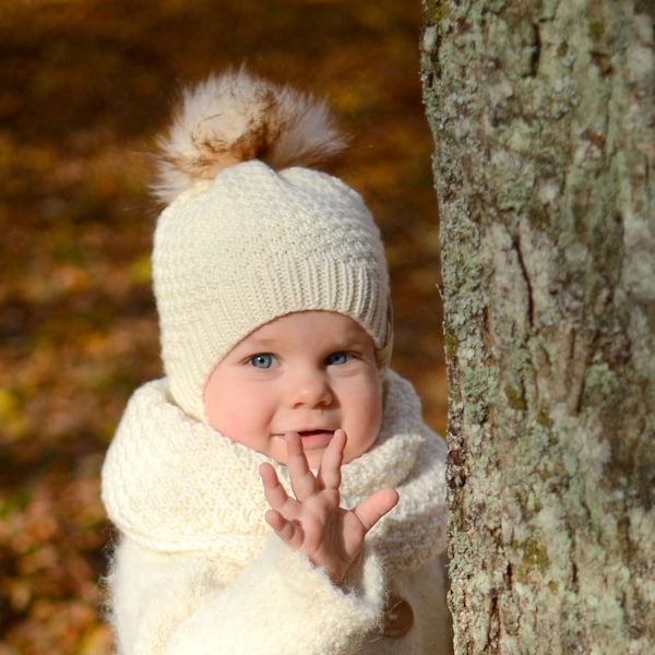 Chapeau Pom Pom en fourrure blanche, bonnet d’hiver pour filles, chapeau d’hiver pour garçons, chapeau de bébé en laine mérinos, bonnet Pom Pom en fausse fourrure pour bébé garçon, chapeau d’hiver pour filles