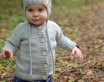 Hand Knitted Baby Cardigan, Gris Merino lana bebé niña cárdigan, ropa de bebé tejida a mano, Cárdigan niña para niños pequeños, punto bebé niña suéter