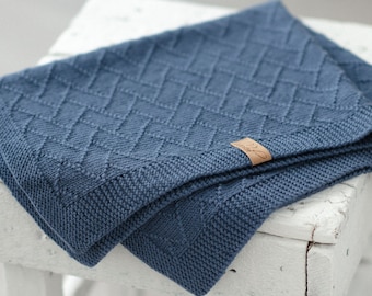 Handmade Knit Blue Blanket, Merino Wool Blanket for Baby