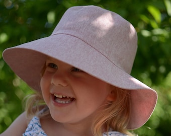 Girls Linen Sun Hat, Girls Summer Hat Wide Brim