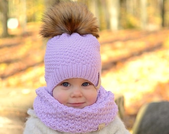 Baby Girl Winter Hat, Toddler Girl Winter Hat, Knitted Girls Winter Hat, Faux Fur Pompom Baby Girl Hat, Pink Baby Girl Merino Wool Hat