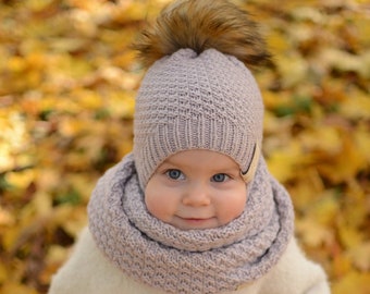 Knitted Toddler Girl Hat, Knit Toddler Girl Beanie, Merino Wool Girls Hat, Girls Winter Beanie, Baby Girl Pom Pom Hat, Kids Knit Winter Hat