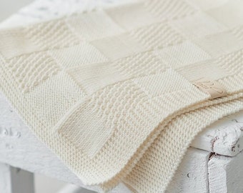 Hand Knitted Merino Wool Baby Blanket - Cream White