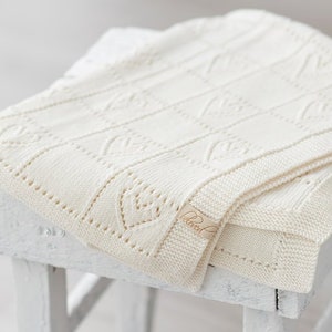 Hand Knit Merino Wool Baby Blanket: Hearts Design, Newborn Gift