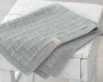Hand Knitted Merino Wool Baby Blanket: Grey Newborn Photo Prop