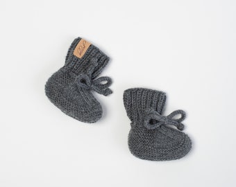 Merino Wool Gray Baby Booties, Knitted Newborn Booties