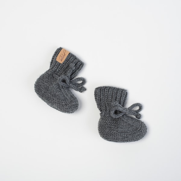 Merino Wool Gray Baby Booties, Knitted Newborn Booties